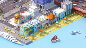 3D isometric beachfront scene with contemporary houses, surfboards, and colorful umbrellas