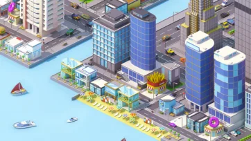 Low poly 3D coastal city with french fries restaurant, modern buildings, and harbor