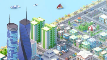 Isometric cityscape with green residential towers, carnival tent, and waterfront development