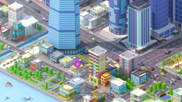 3D low poly urban scene with blue cylindrical towers, park areas, and residential buildings