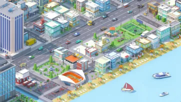 Isometric 3D city beach area with stadium, recreational facilities, and colorful umbrellas