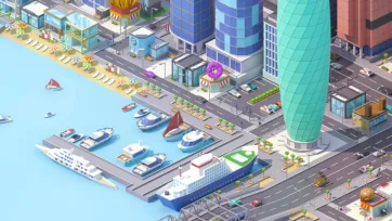 Low poly isometric harbor scene with cruise ship, lighthouse tower, and waterfront buildings