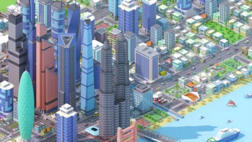 Low poly 3D isometric cityscape with modern towers, twin spiral buildings, and waterfront promenade