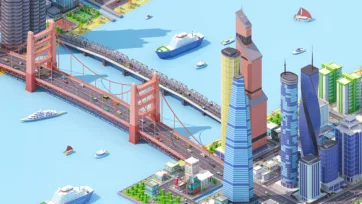 Isometric 3D low poly coastal city with suspension bridge, skyscrapers, marina, and boats in harbor