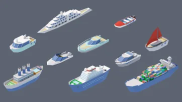 3D low poly boat and ship collection featuring yachts, sailboats, cruise ships, cargo vessels, and various maritime transportation assets
