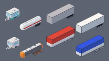 3D low poly trailer and cargo container collection featuring travel trailers, tanker trucks, shipping containers, and freight transportation elements