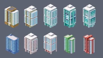 3D low poly residential tower collection with modern apartment buildings and colorful urban housing complexes