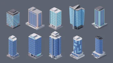 3D low poly office tower collection featuring modern corporate skyscrapers and business district buildings