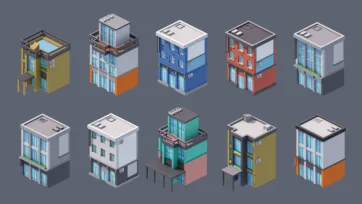 3D low poly modern apartment complex collection with colorful residential buildings and contemporary urban housing designs