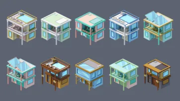 3D low poly luxury house collection featuring modern homes with swimming pools, balconies, and contemporary architectural designs