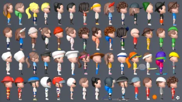 3D low poly character collection displaying side profile views of diverse people avatars with different outfits and professional styles