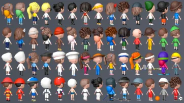 3D low poly character collection showing back views of diverse avatars with various hairstyles, clothing, and accessories for game development