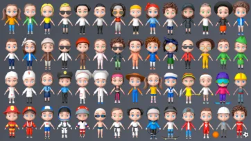 Complete collection of 3D low poly character avatars representing various professions, ages, and styles for game and app development
