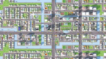 3D low poly top-down city map view showing complete urban layout with districts, waterways, and comprehensive city planning