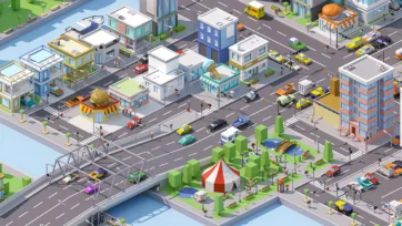 3D low poly isometric city intersection with circus tent, commercial buildings, waterfront, and active urban environment