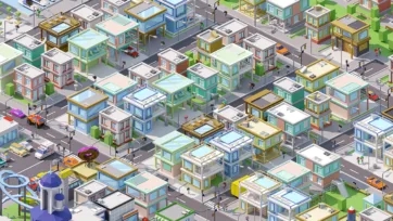 3D low poly isometric modern housing development with colorful residential buildings, organized layout, and suburban planning