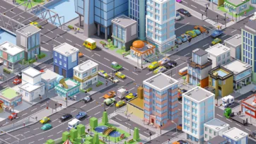 3D low poly isometric commercial street scene with restaurant, shops, cars, pedestrians, and detailed urban environment