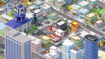 3D low poly isometric mixed district with industrial buildings, church with blue dome, residential areas, and urban infrastructure