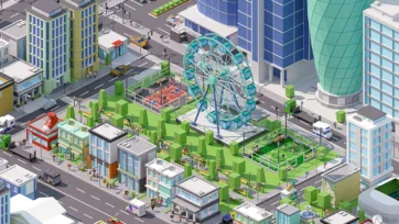 3D low poly isometric recreation area with large ferris wheel, park spaces, surrounding buildings, and entertainment facilities