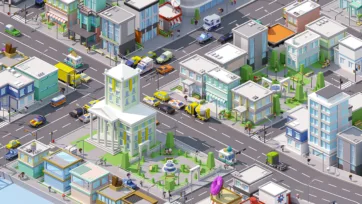 3D low poly street-level view of city with detailed buildings, cars, pedestrians, and urban infrastructure in isometric perspective