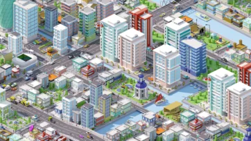 3D low poly isometric metropolitan area with high-rise buildings, church, marina, boats, and mixed urban development