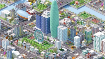 3D low poly isometric city center with distinctive landmark buildings, stadium, skyscrapers, and central urban development
