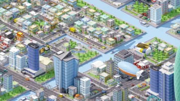 3D low poly isometric complete city overview showing residential, commercial, and entertainment districts with stadium and ferris wheel