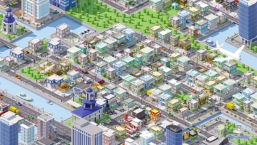 3D low poly isometric suburban residential area with modern houses, green spaces, waterways, and organized neighborhood layout