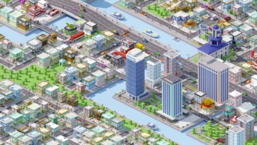 3D low poly isometric waterfront city scene with boats, marina, residential buildings, church, and water transportation