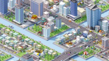 3D low poly isometric business district featuring modern skyscrapers, sports stadium, waterways, and commercial buildings