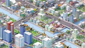 3D low poly isometric mixed-use urban district featuring residential buildings, commercial structures, bridges, and water features