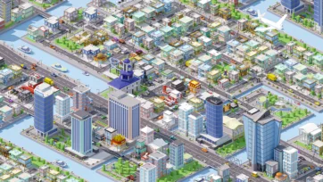 3D low poly isometric residential area with colorful houses, apartments, church, waterways, and suburban neighborhood layout