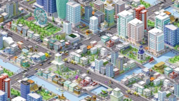 3D low poly isometric downtown city district with tall skyscrapers, office buildings, ferris wheel, and detailed urban landscape