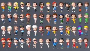 Collection of 3D low poly cartoon character avatars featuring diverse people in various outfits, professions, and styles for game development