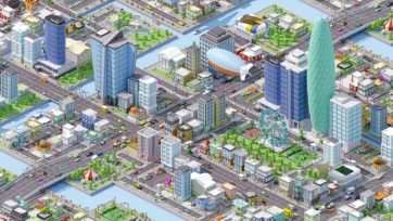 3D low poly isometric city scene with modern buildings, skyscrapers, waterways, ferris wheel, stadium, and urban infrastructure in colorful cartoon style