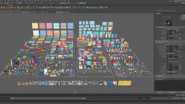 Maya viewport showing complete Furniture Bright 3D collection with isometric furniture models organized by categories and materials