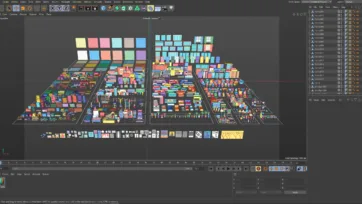 Cinema 4D workspace displaying Furniture Bright 3D low-poly collection with full material library and organized scene structure