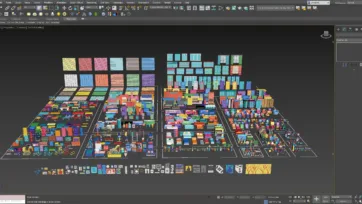 3D Furniture Bright collection workspace view in 3ds Max showing comprehensive furniture pack with materials and lighting setup