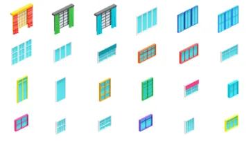 Colorful 3D isometric windows and architectural elements featuring various window styles, curtains, and shutters in bright low-poly design