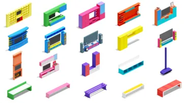 Bright colorful 3D isometric TV stands and entertainment centers featuring modern media furniture with built-in storage in low-poly style