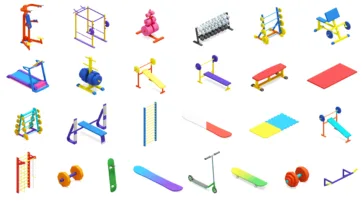 3D isometric gym and fitness equipment collection featuring exercise machines, weights, benches, and sports gear in bright colors