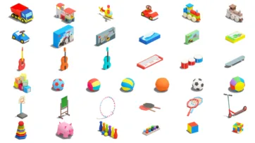 Colorful 3D isometric toys and children items collection featuring vehicles, musical instruments, sports equipment, and educational toys