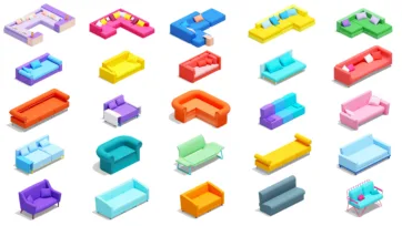 3D isometric sectional sofas and modular seating collection in bright colors featuring L-shaped and corner sofas in low-poly design