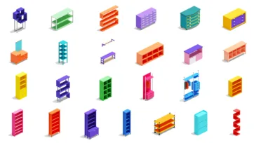 Bright colorful 3D isometric shelving and storage systems featuring bookshelves, display units, and modular storage in low-poly style