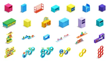 3D isometric storage furniture collection in bright colors featuring drawers, cabinets, shelving units, and organizational furniture