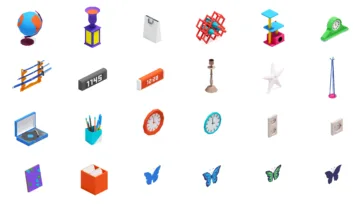 Colorful 3D isometric decorative objects collection featuring globes, clocks, butterflies, and office supplies in bright low-poly design