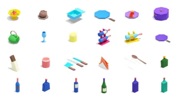 3D isometric kitchen accessories and cookware collection featuring colorful bowls, pans, utensils, and bottles in bright low-poly style