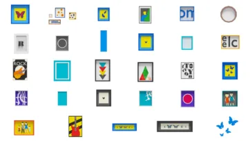 Bright colorful 3D isometric framed artwork collection featuring butterflies, geometric patterns, and abstract art in various frame designs