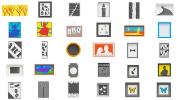 3D isometric wall art and picture frames collection featuring abstract paintings, photographs, and decorative artwork in various frame styles