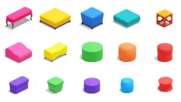 Colorful 3D isometric ottomans and poufs collection in bright colors featuring square, rectangular, and cylindrical seating furniture in low-poly style